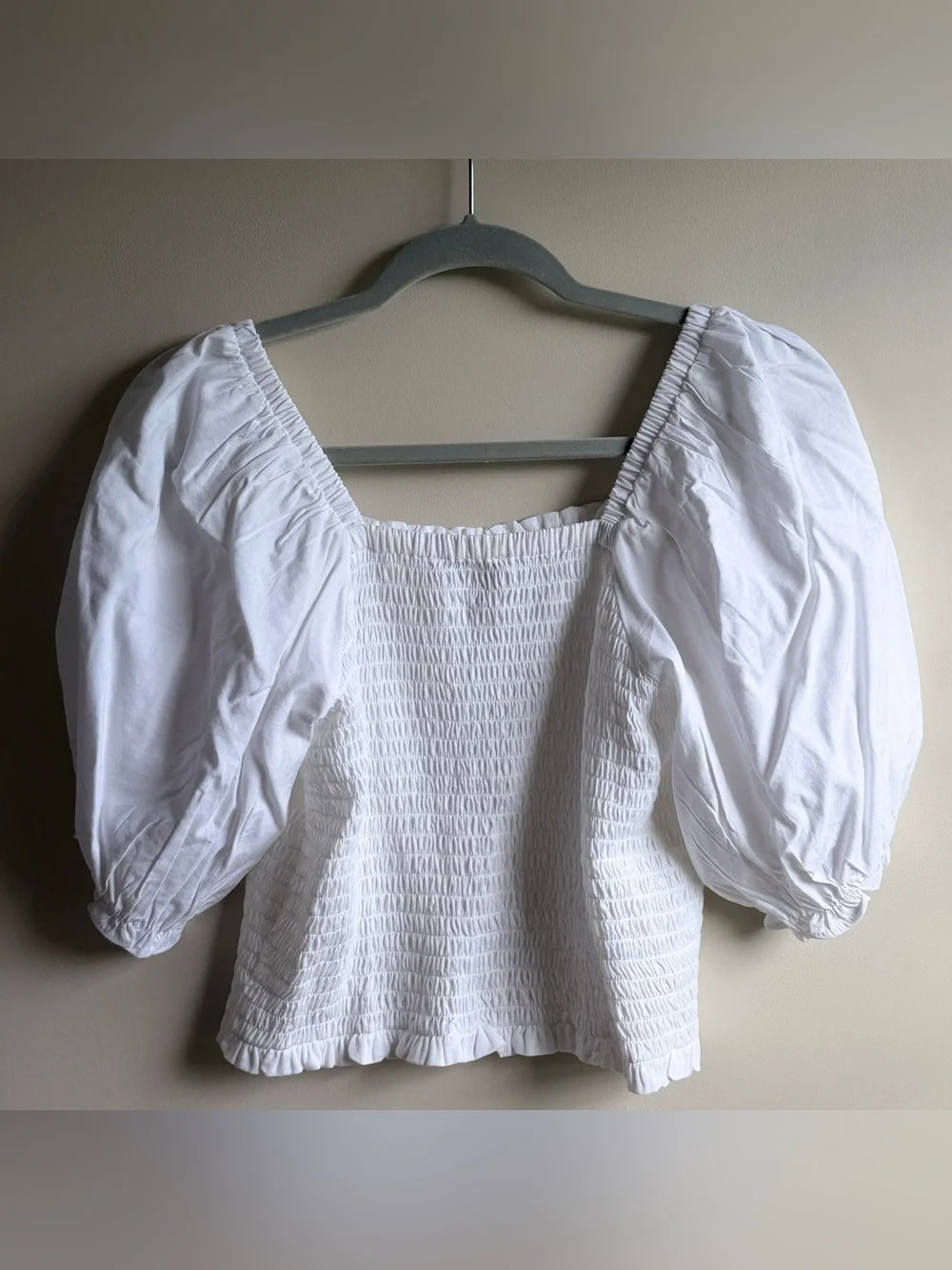 LOFT White Smocked Square-Neck Puff Sleeve Blouse Women’s Size Large